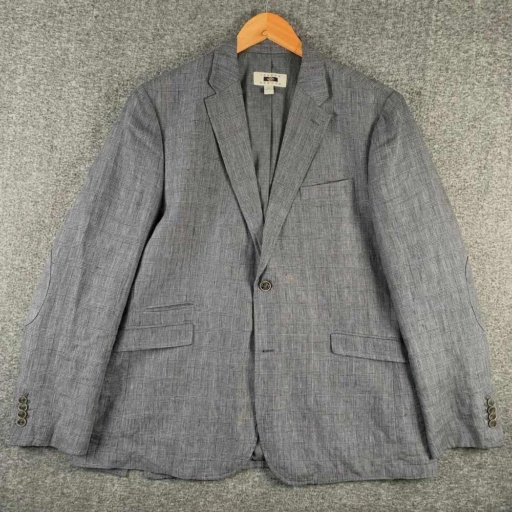 Joseph Abboud Linen Blazer Jacket Men XL Gray Glen Check Sport Coat Elbow Patch